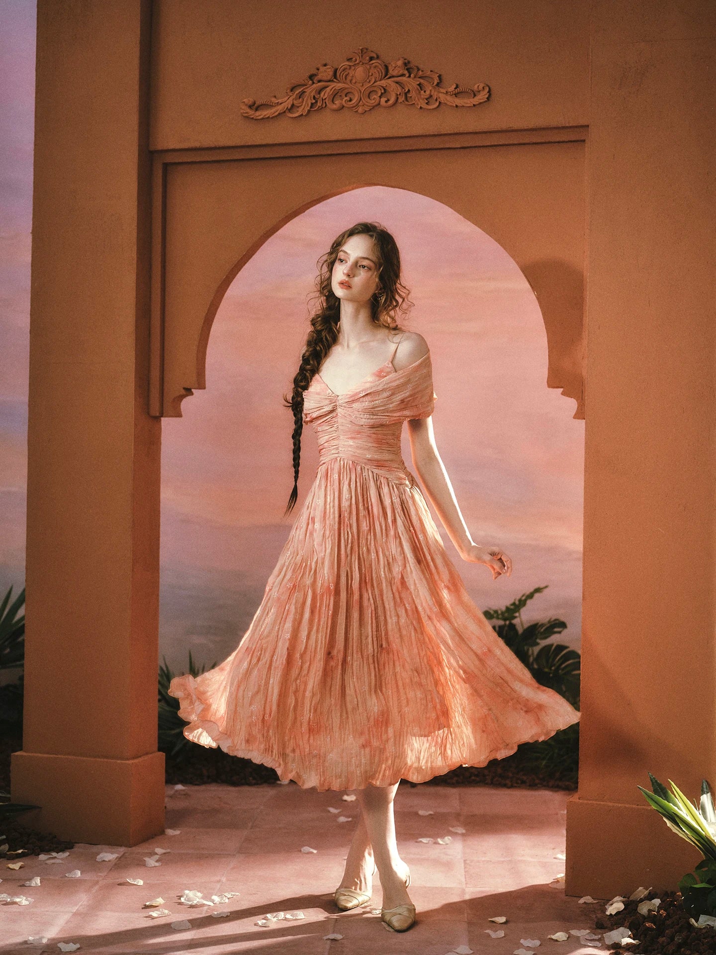 The Caprician Sunset Oil Painting Gown | Coral Shimmer Fairy Skirt | 3/4 Sleeve A-Line Dress | Parisian Princess