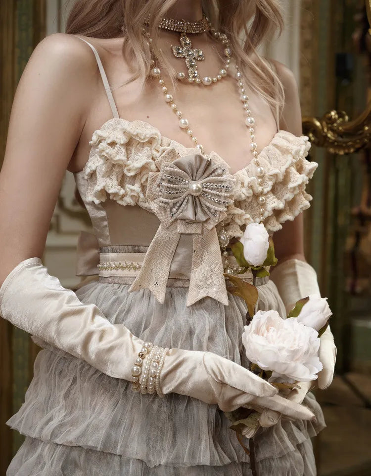 The Gothica Russian Princess Cake Dress | High-Waist Lace-Strap Luxury Slip | Sweet Apricot Layered Jupe | Parisian Princess