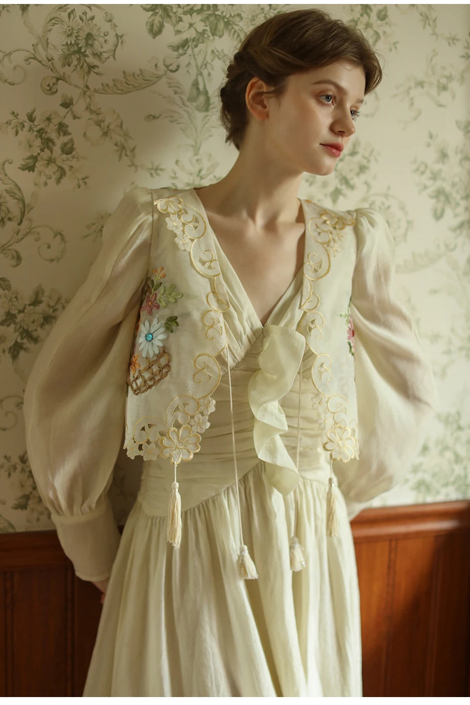 The Antoinette Tassel Embroidery Vest | French Antique Floral Cotton Gilet | Open-Stitch V-Neck | Parisian Princess