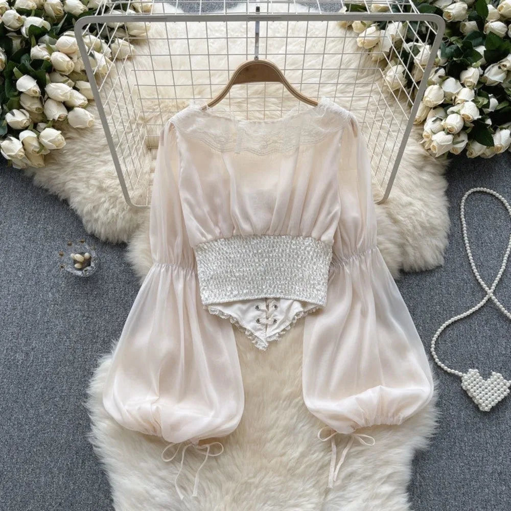 The Vivienne Lace Manteau | Parisian Ruffled Chiffon Blouse | French Mesh Patchwork Top | Lantern Sleeve Coquette Shirt