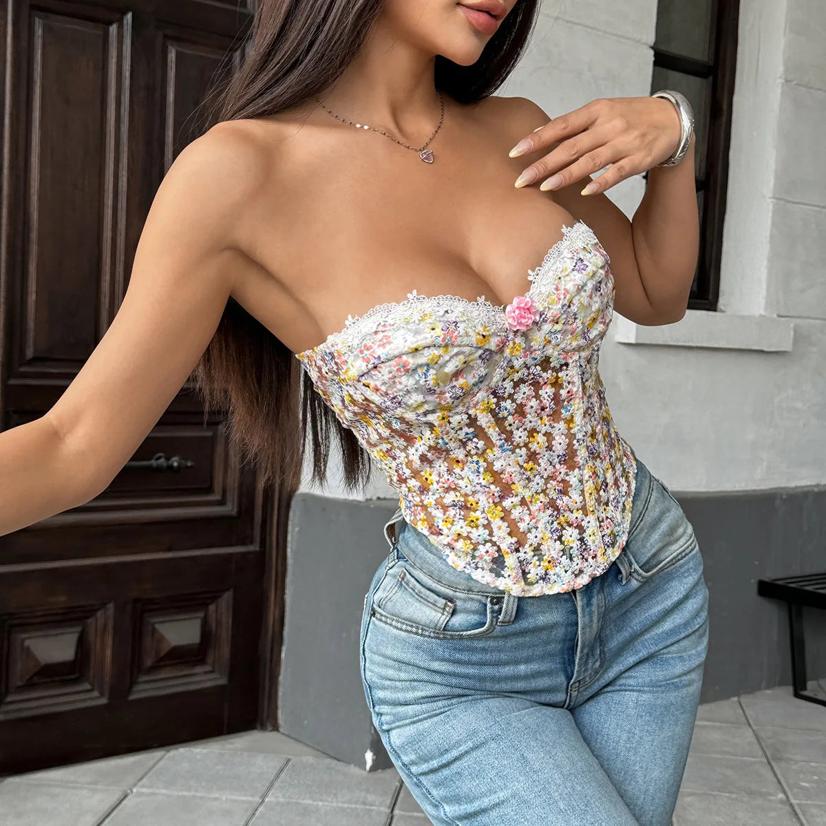 The Versailles Blossom Corset | Floral Hollow-Out Strapless Bustier | Lace-Up Boned Camisole | Parisian Princess