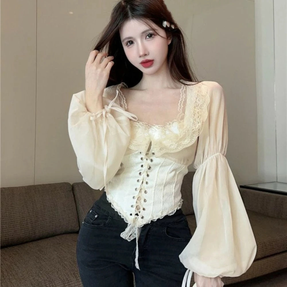 The Céleste Mesh Manteau | Parisian Flounce Lace Blouse | V-Hem Puff Sleeve Party Top | French Coquette Aesthetic