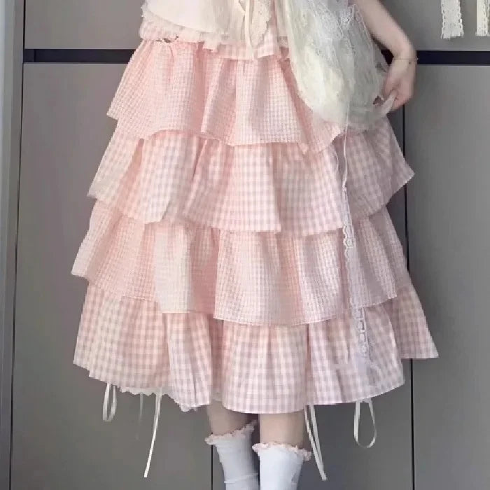 Cute Sweet Sister Classic Parisian Outfit Women's Plaid Ribbon Tied Shirt And Knee-Length Cake Skirt Two-Piece Set