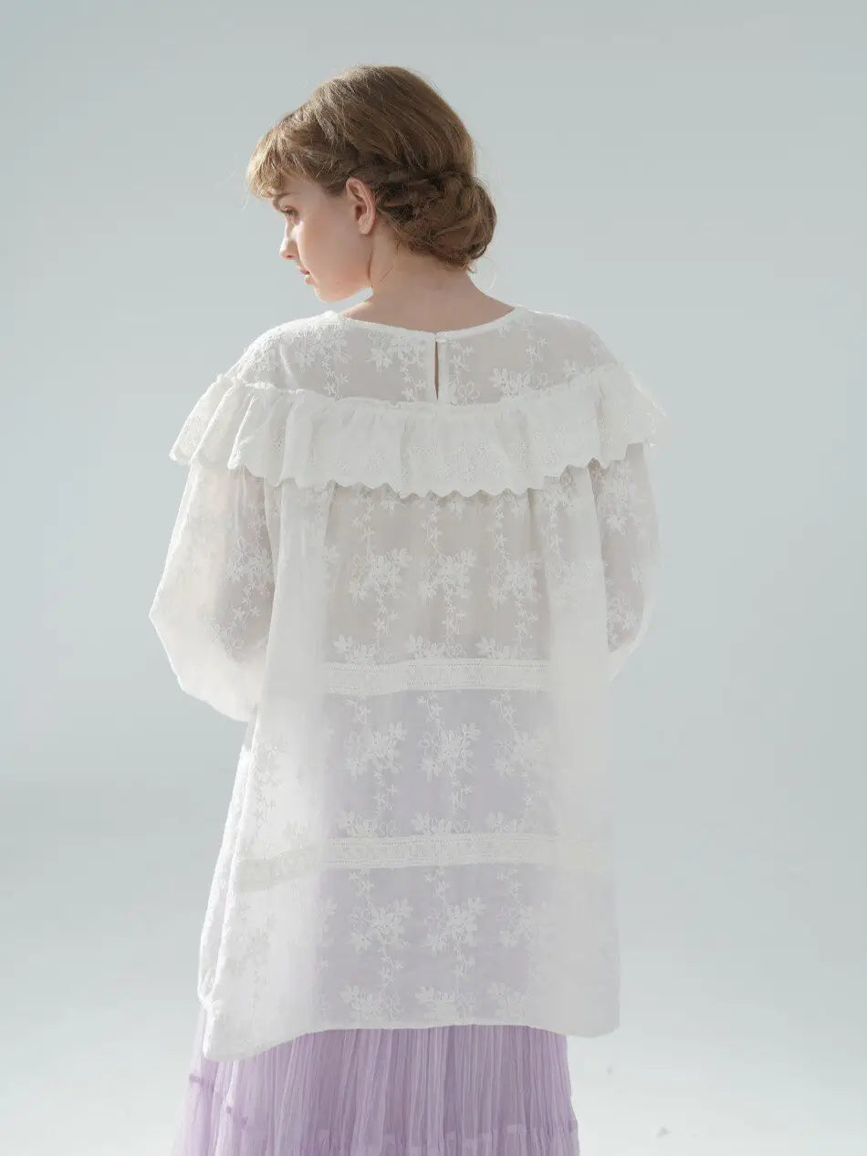 The Summer Floral Breeze Blouse | 100% Cotton Oversized White Top | Handmade 3D Embroidered Loose Lace Top | Parisian Princess