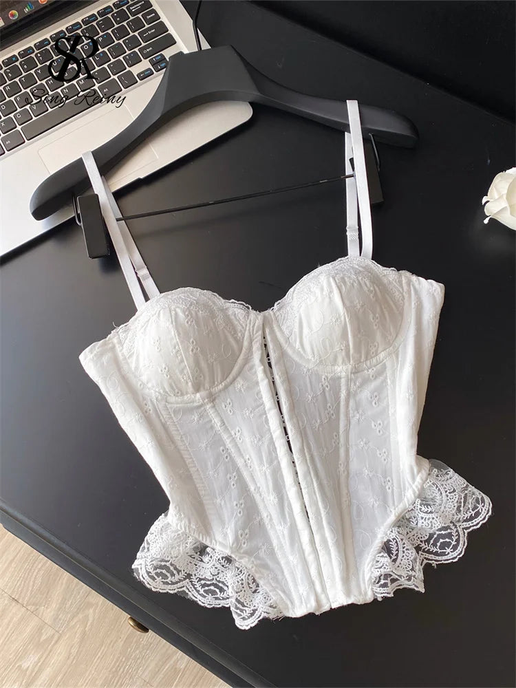 The Trianon Embroidered Corset | French Sweet Floral Lingerie Top | Hollow Out Backless Bandage Camisole | Parisian Princess