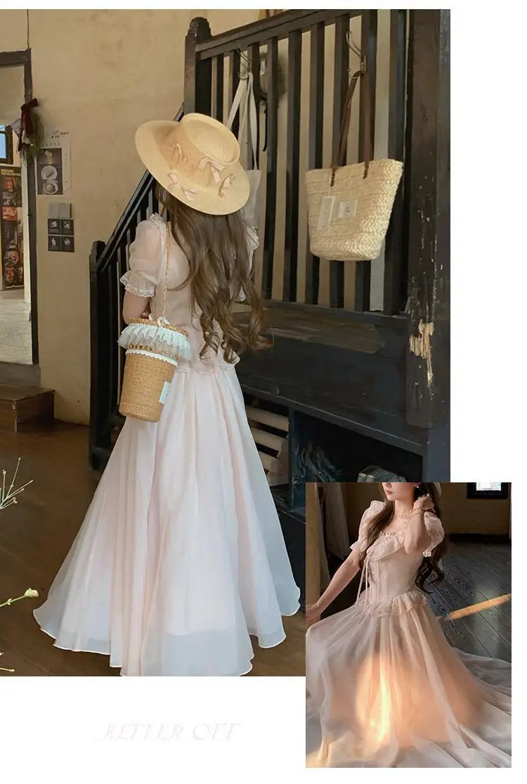 Timeless Signature Parisian Blush Pink Lace Dress French Couture Puff Sleeve Sweet Elegant Max