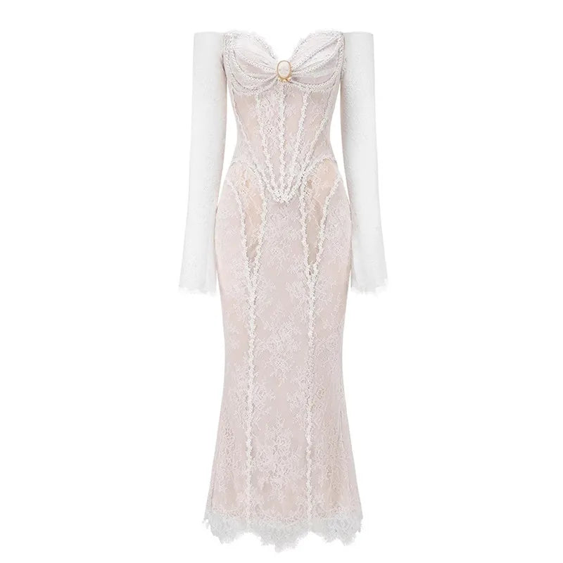 Parisian Romantic Winter Evening Gown Lace Dress Women Vintage Elegant Slim Sexy Birthday Wedding Party Strapless Dress