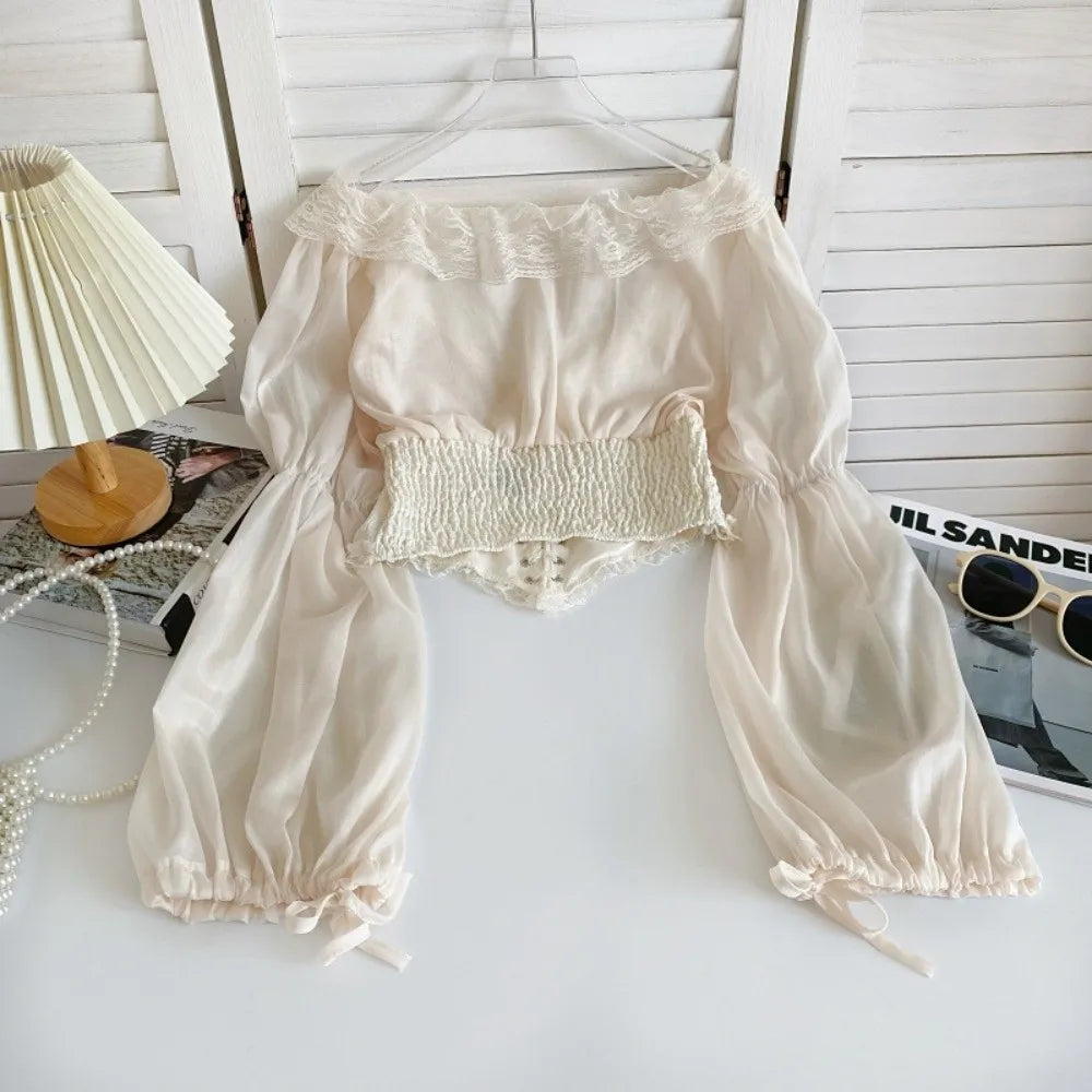 The Élodie Chiffon Manteau | Parisian Ruffled Lace Blouse | Retro Mesh Lantern Sleeve Top | French Riviera Vacation Blouse