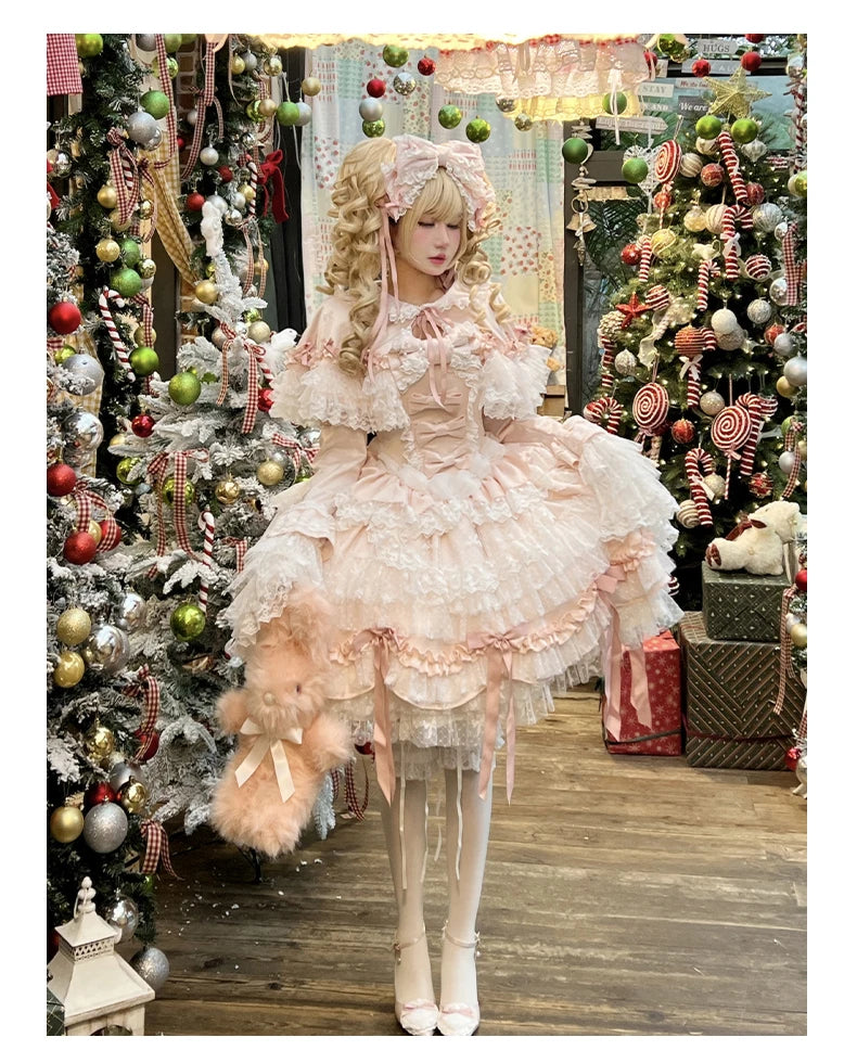 Pink Lolita Princess Dress Women's Bow Lace Heavy Industry Sweet Elegant Birthday Party Evening Dress Lady Suspender Dress Cloak
