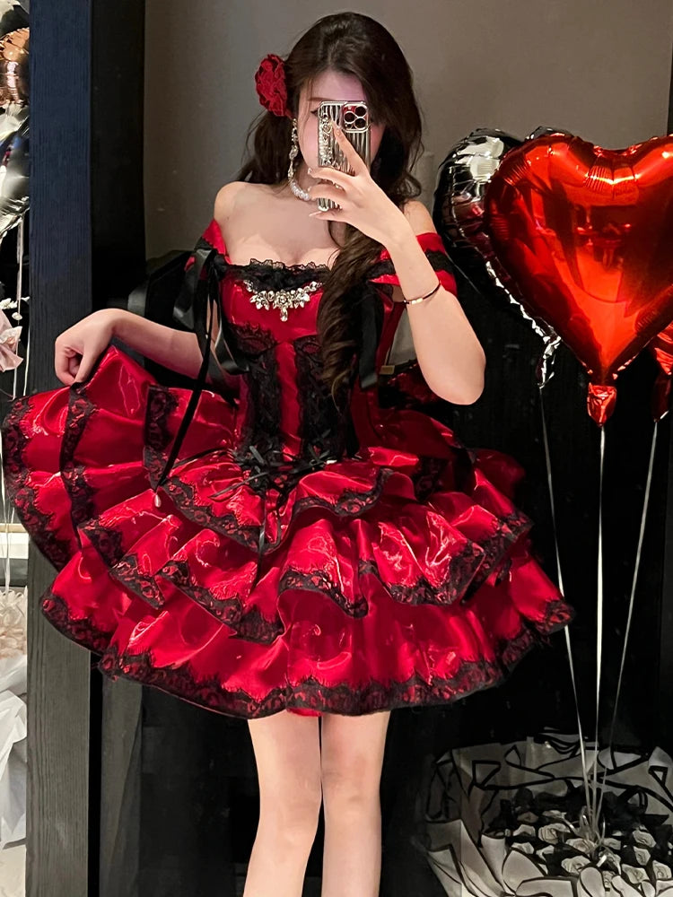 Princess Romantic Date Anniversary Wedding Party Pink Dress Girls Women's Sweet Lolita Halter Off-Shoulder Ball Gown Dresses