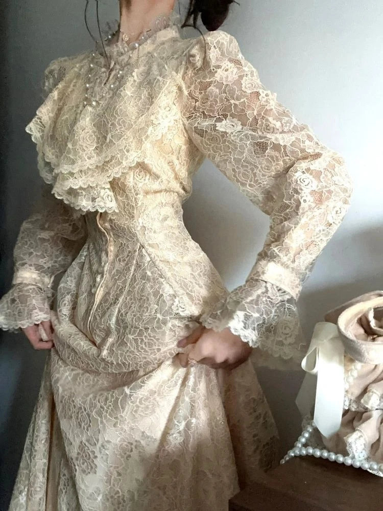 French Vintage 2-Piece Set for Women Ruffled Lace Cardigan Tops + Slim Long Skirt Elegant Retro Court-Style Chic Party Outfit