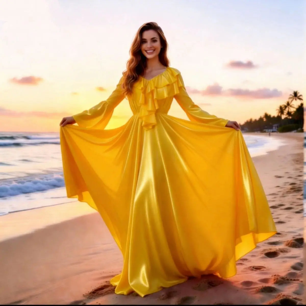 The Petit Trianon Ice Silk Sleep Gown | Glossy Satin Ruffle Maxi | Butterfly Sleeve Nightdress | Parisian Princess