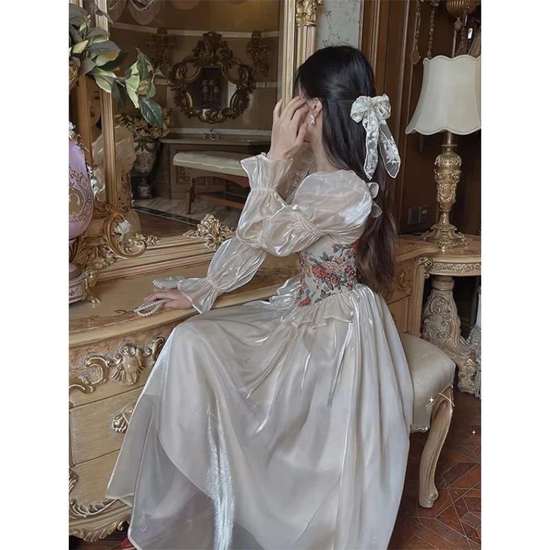 The Trianon Fairy Midi | Vintage Floral Puff Sleeve Prom Dress | Elegant Luxury Print Summer Gown | Parisian Princess