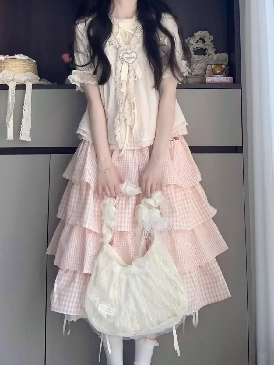 Cute Sweet Sister Classic Parisian Outfit Women's Plaid Ribbon Tied Shirt And Knee-Length Cake Skirt Two-Piece Set