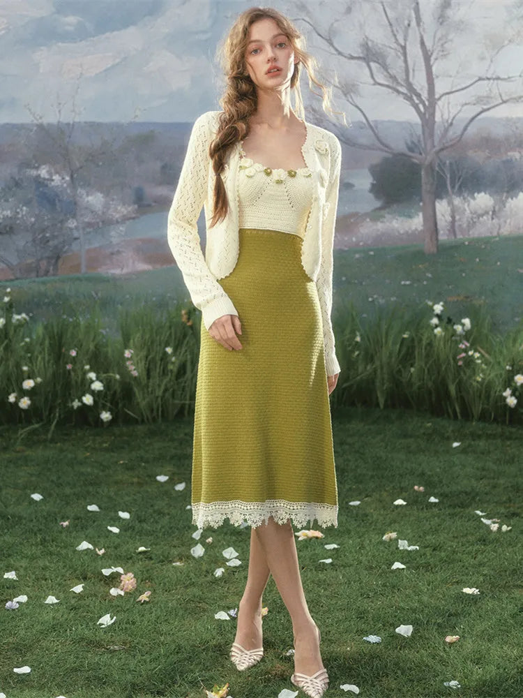 The Garden Princess Crochet Set | Wool Knitted Cardigan & Midi Dress | Handmade Floral Hollow-Out Two-Piece | Parisian Princess