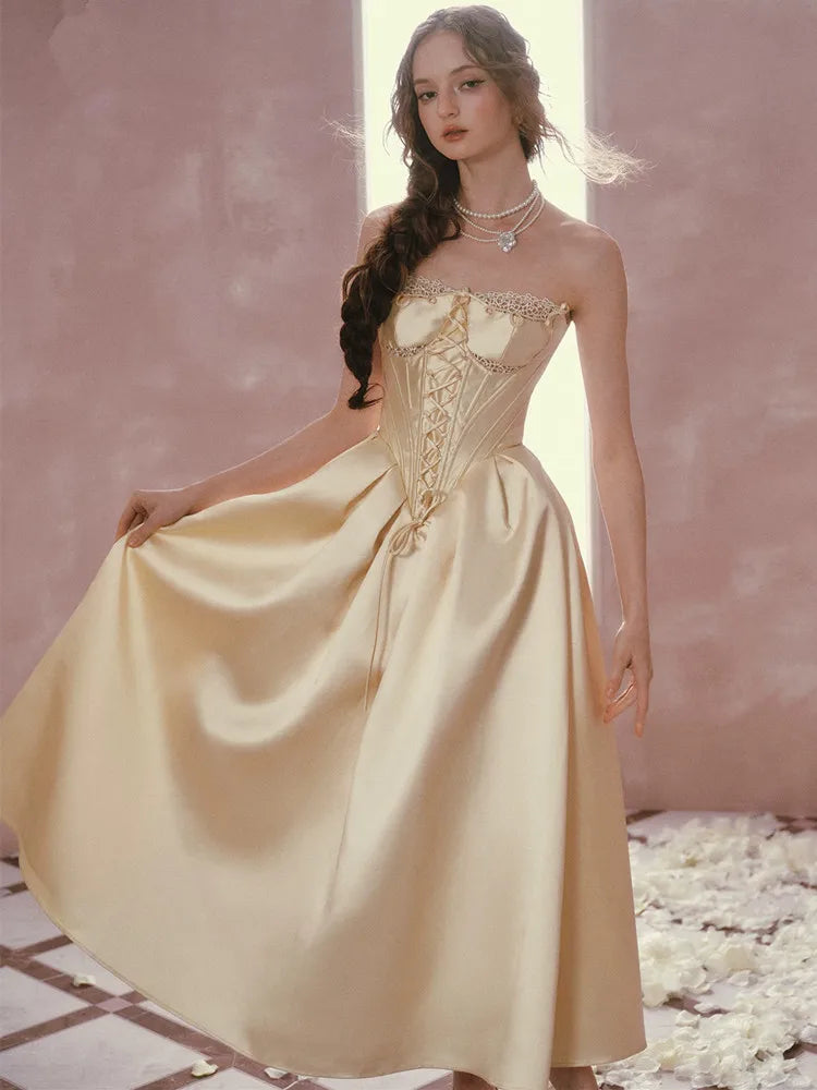The Lemondrop Love Belle Gown | French Chic Elegant Slim Lace Corset Dress | Strapless Empire Waist Satin Maxi | Parisian Princess