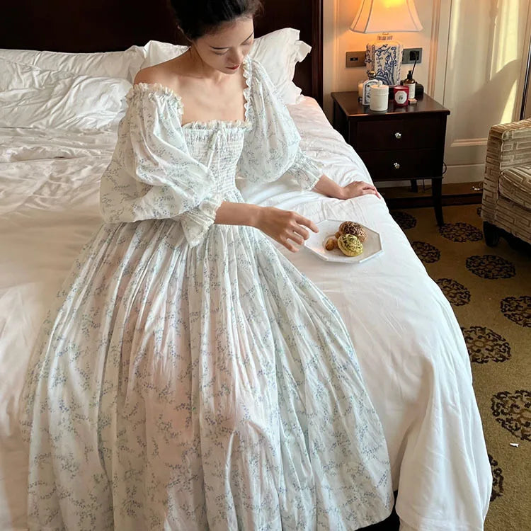 100% Cotton French Fairy Printed Nightgown French Retro Girl Sweet Home Outfit Long Nightdress Women
