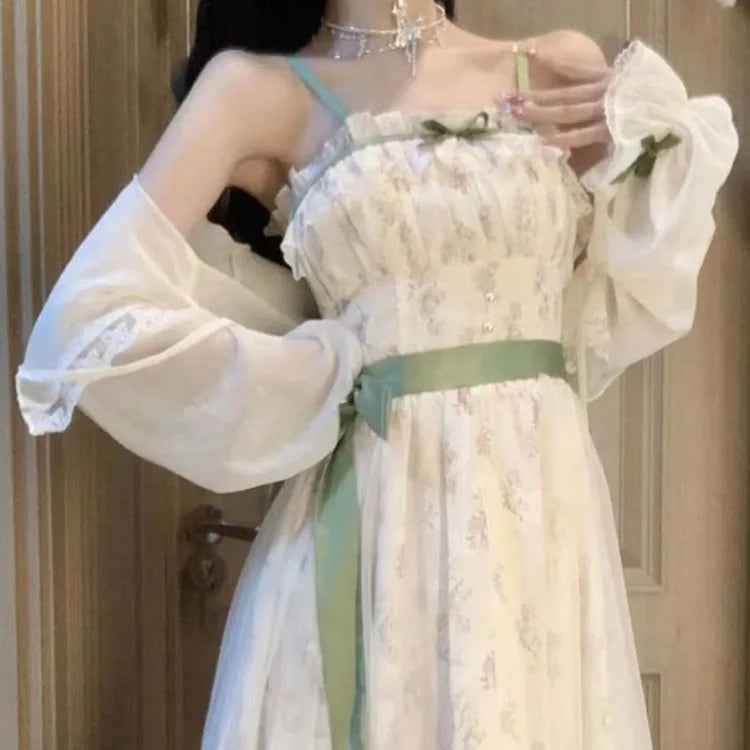 Sweet Gentle Loose Floral Camisole Dress for Women+ Y2k Long Sleeve Sun Protection Cardigan 2026 Summer New Two Piece Sets