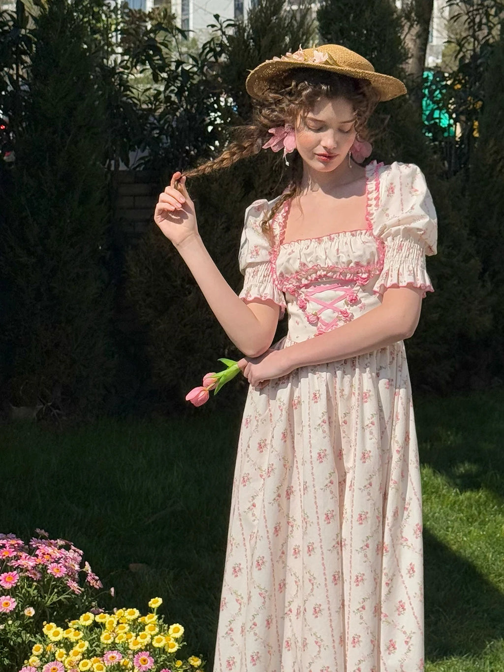 The Giverny Floral Cotton Gown | Square Neck Puff Sleeve Midi | French Countryside Prairie Dress | Parisian Princess