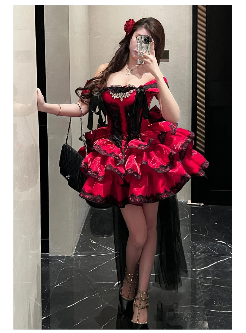 Princess Romantic Date Anniversary Wedding Party Pink Dress Girls Women's Sweet Lolita Halter Off-Shoulder Ball Gown Dresses