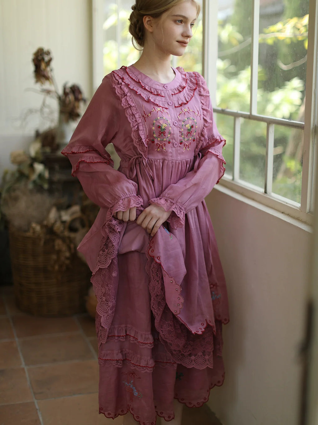 The Antique Botanical Tea Dress | French Forest Girl Embroidery Gown | Loose Fit Cotton-Ramie Jute Aesthetic Midi | Parisian Princess