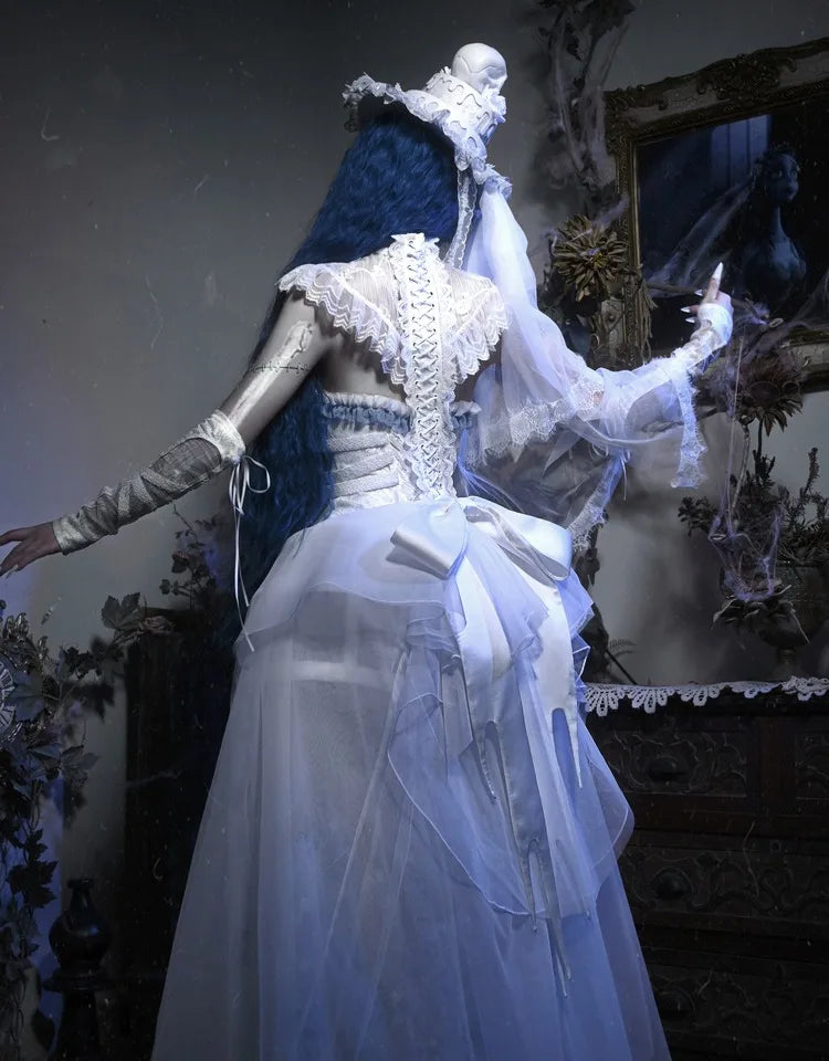The Gothica White Gothic Dress | Zombie Bride Spine Lace Gown | Chiffon Tailed Party Dress with Cape | Parisian Princess