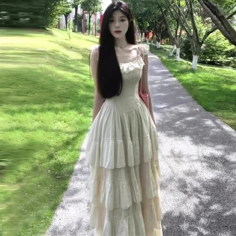 Vintage French Style Ruffles Square Collar Dress Women Summer Holiday Style Sleeveless Fairy Party Dress Fashion Female Clothes