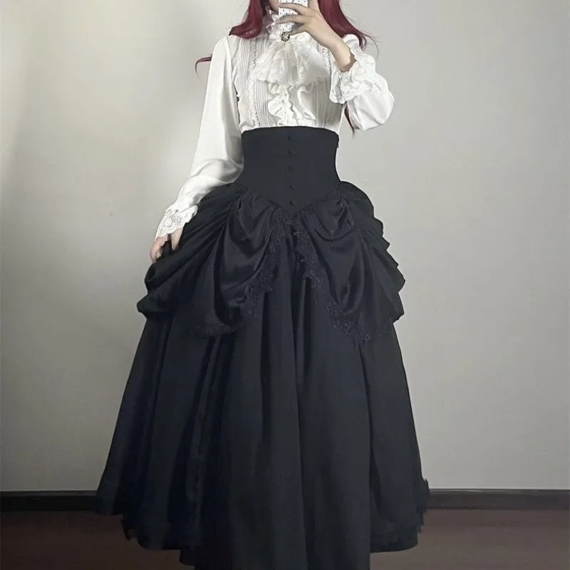 The Tuileries Big Swing Skirt | French Lolita High-Waist Maxi | Patchwork Lace Ankle-Length Saia | Parisian Princess