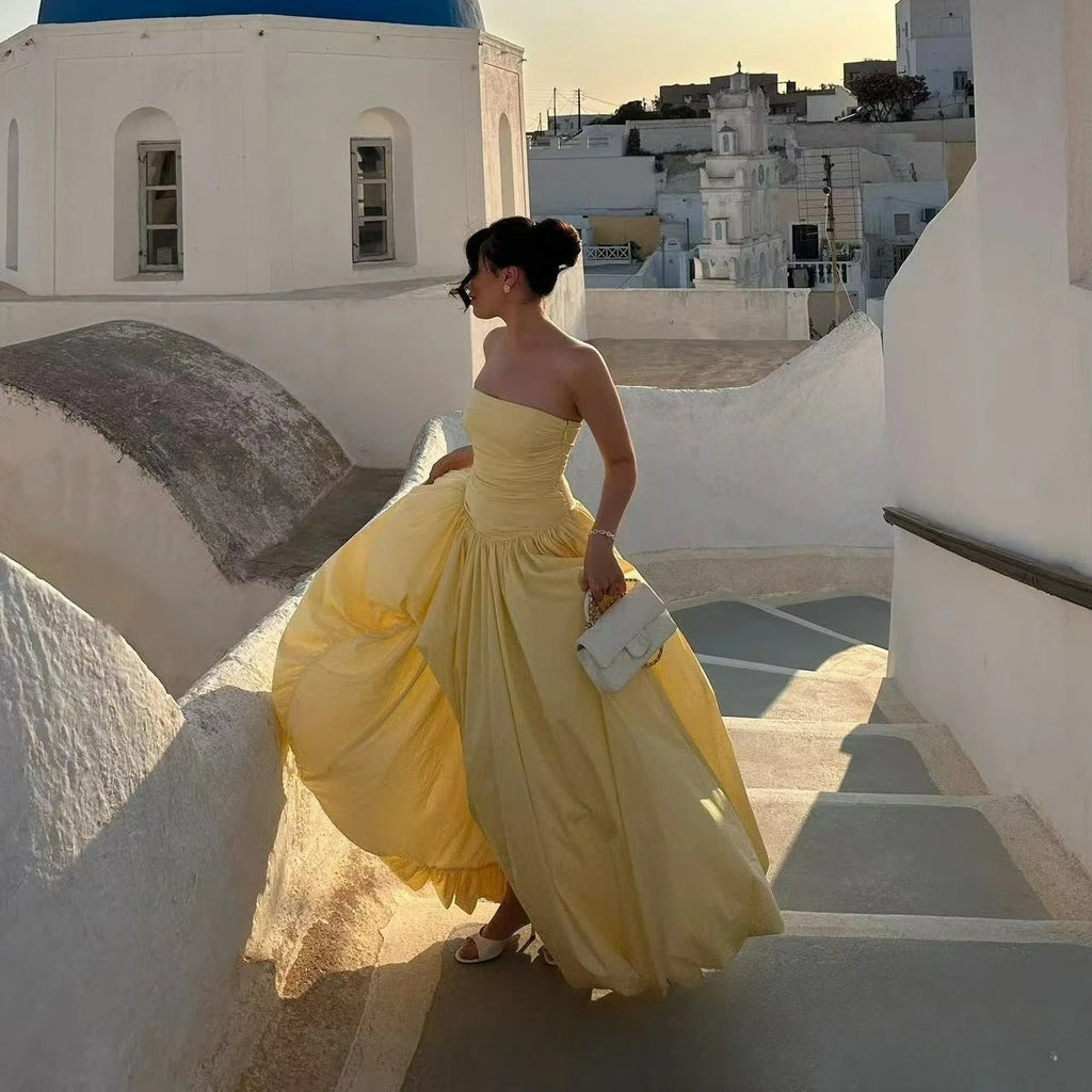The Trianon Lemon Gown | French Temperament Irregular Lace Pendulum Dress | Yellow Tube Top High-Waist Fit & Flare Maxi | Parisian Princess
