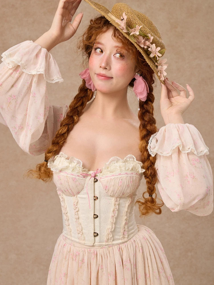 Parisian Corsets Tops Shirts/Skirt Set Women Vintage Elegant Slim French Vacation Style Floral Long Sleeved Fishbone Tops