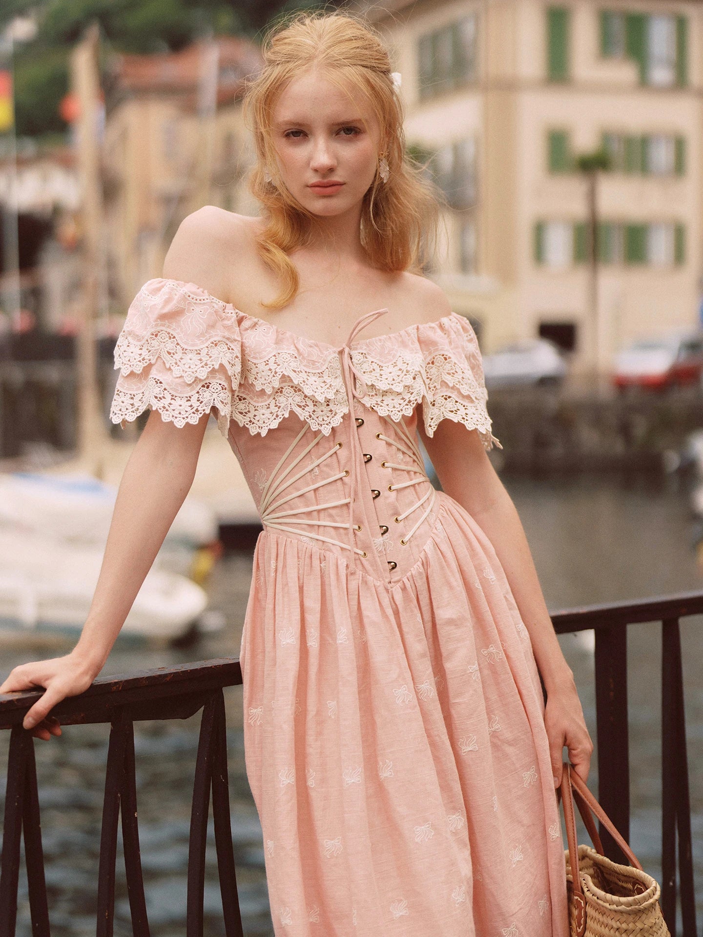 80-102cmSummer Pink Birthday Party Long Dress Women Vintage ElegantSlim Sexy Boat Neck Hollow Out Embroidery Lace Fishbone Dress