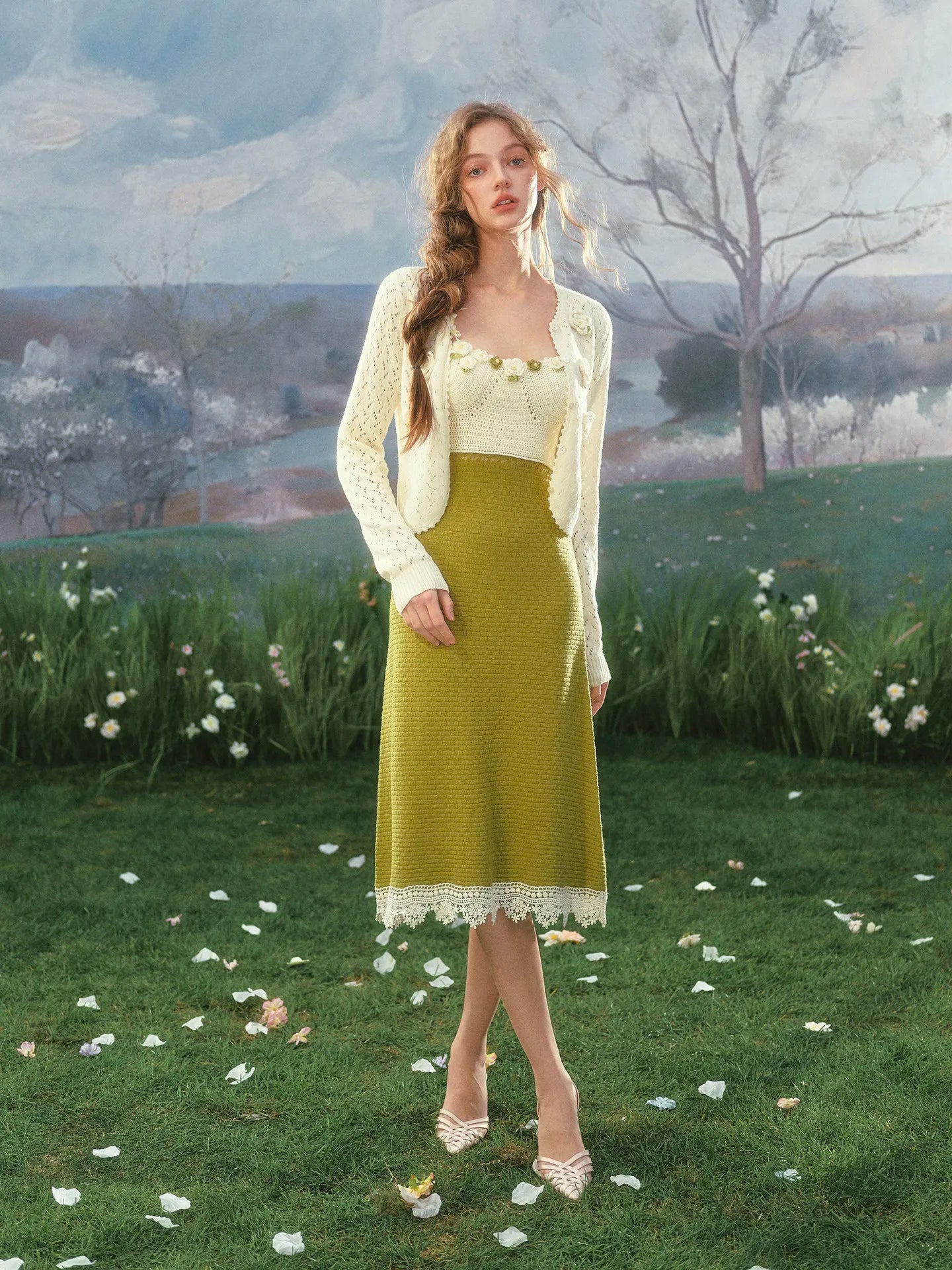 The Garden Princess Crochet Set | Wool Knitted Cardigan & Midi Dress | Handmade Floral Hollow-Out Two-Piece | Parisian Princess