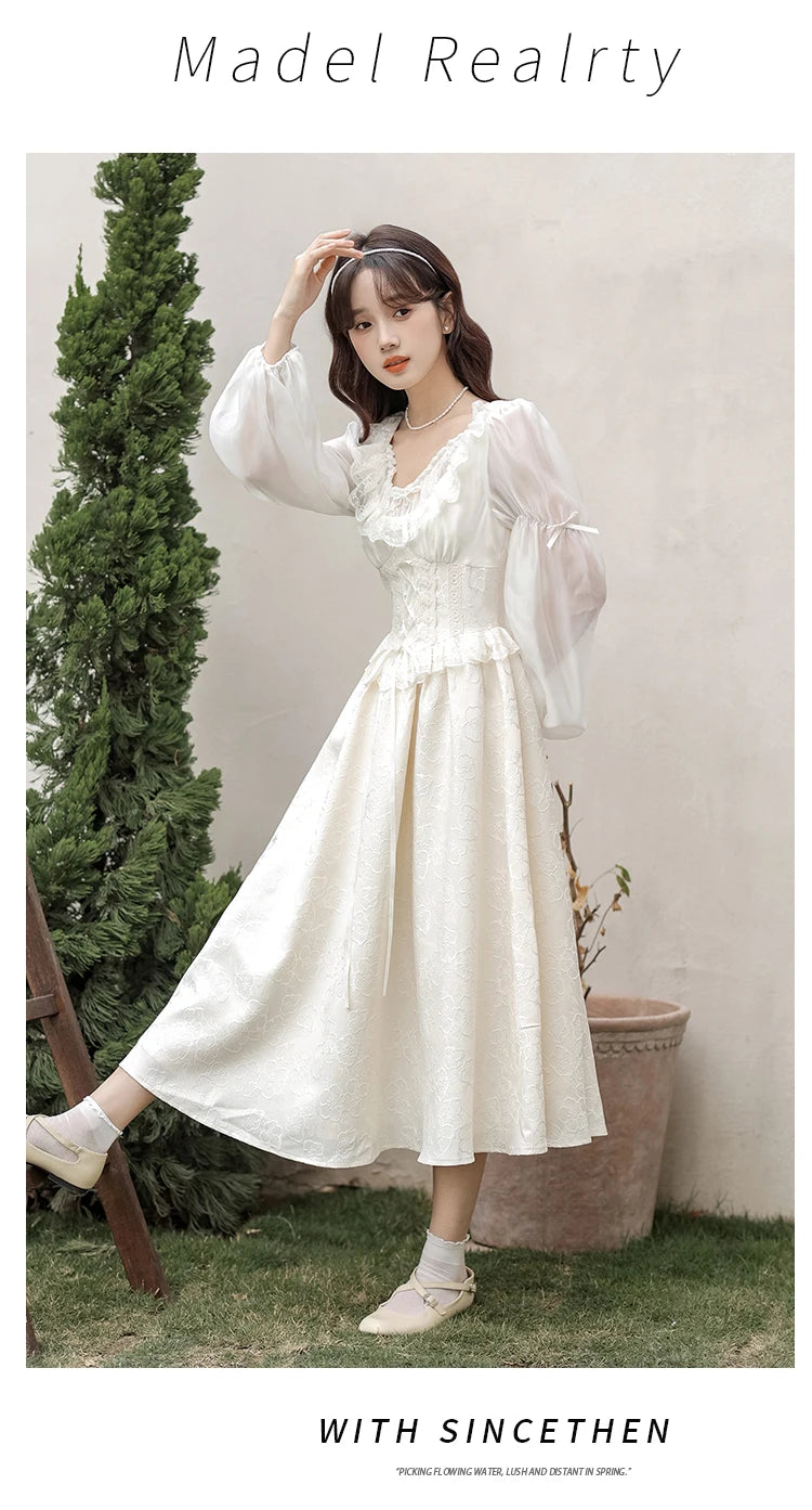 French Fairy Lantern Sleeve Midi Dress for Women Summer Elegant Retro Slim Sweet Party One Piece Dress Korean Casual Clothes