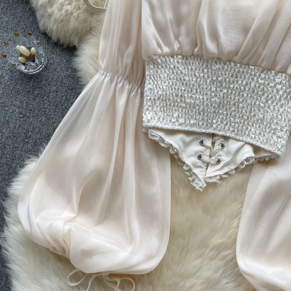 The Élodie Chiffon Manteau | Parisian Ruffled Lace Blouse | Retro Mesh Lantern Sleeve Top | French Riviera Vacation Blouse