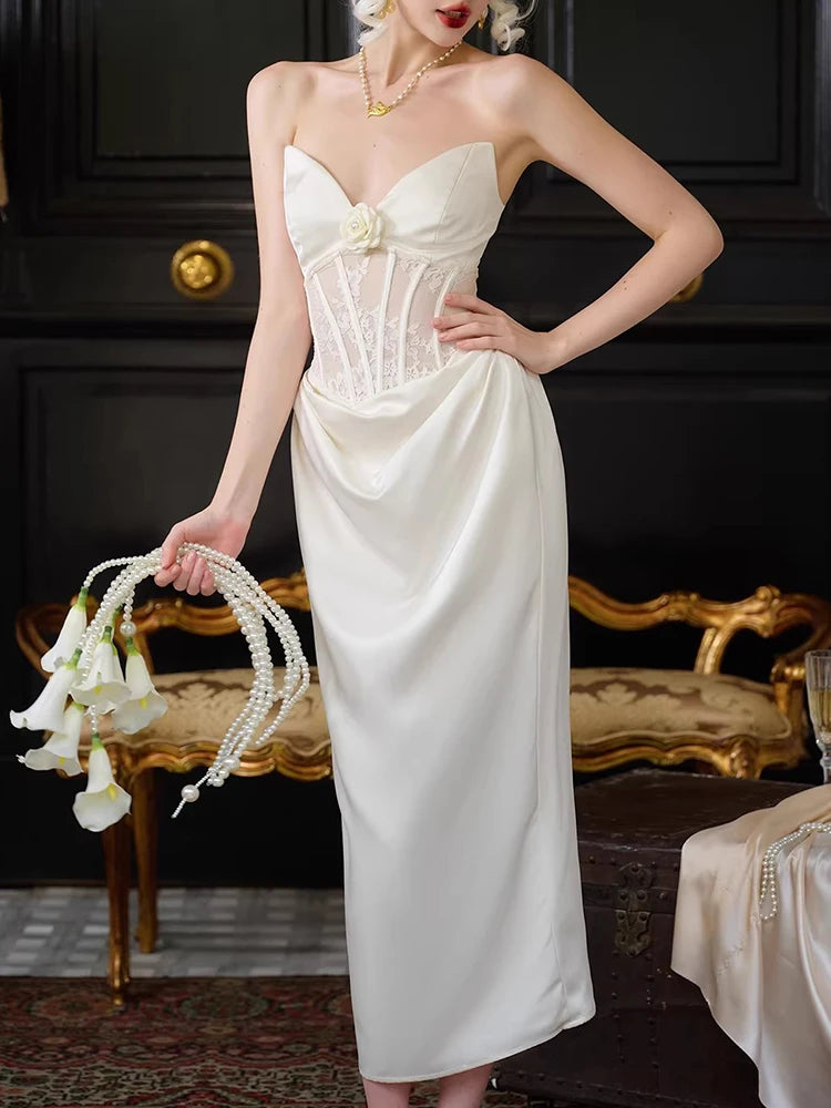 The Palais Satin Corset Gown | White Lace Hollow-Out Split Dress | Backless Coquette Party Maxi | Parisian Princess