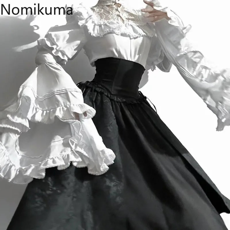 Lolita Style White Blouses Women 2025 Camisas De Mujer Patchwork Lace Flare Sleeve Shirt Y2k Tops Casual Fashion Japanese Blouse