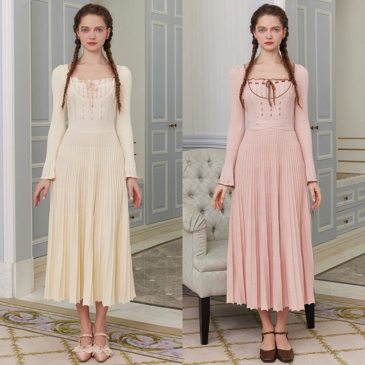 76-88cmBust FallWinter Long Pleated Dress Women Vintage ElegantSlim Embroidery Square Neck Flare Sleeve 100%Cotton Knitted Dress