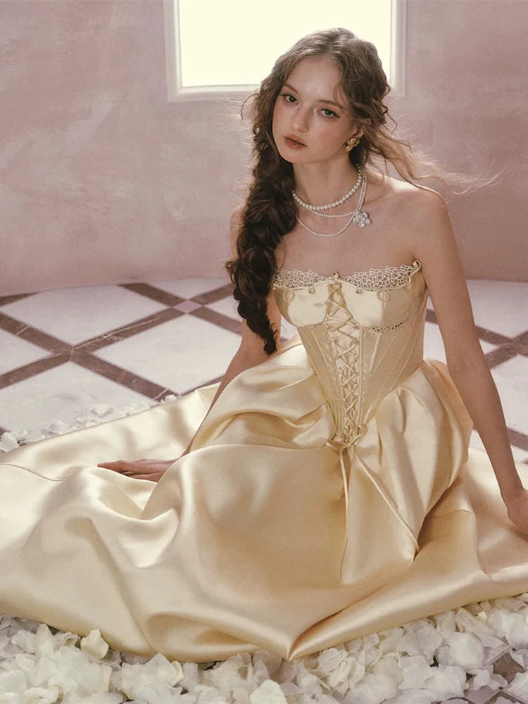 The Lemondrop Love Belle Gown | French Chic Elegant Slim Lace Corset Dress | Strapless Empire Waist Satin Maxi | Parisian Princess