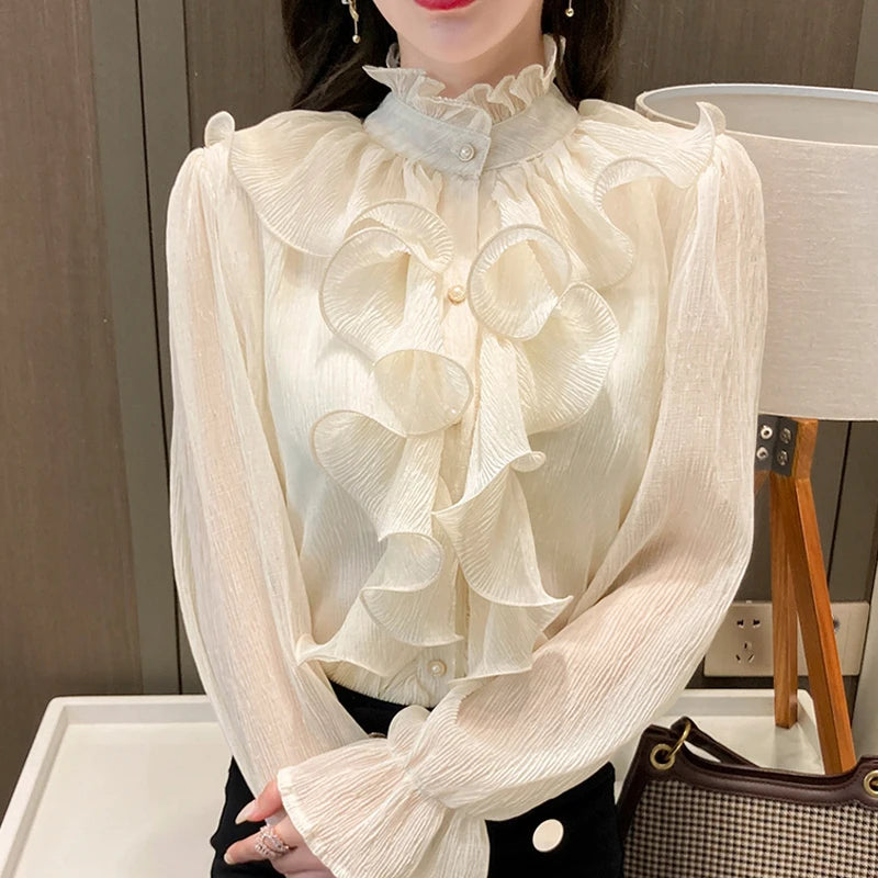 The Versailles Ruffled Chiffon Blouse | Stand Collar Lace Puff Sleeve | French Vintage Shirt | Parisian Princess