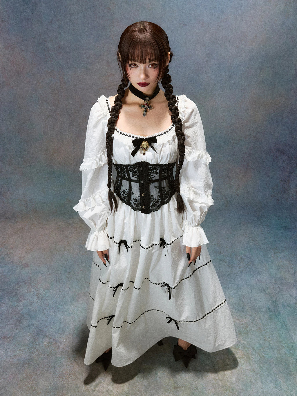 Gothica Parisian Fall White Maxi Dress Women Vintage Elegant Slim Lace Collar Long Sleeve French Halloween Dress