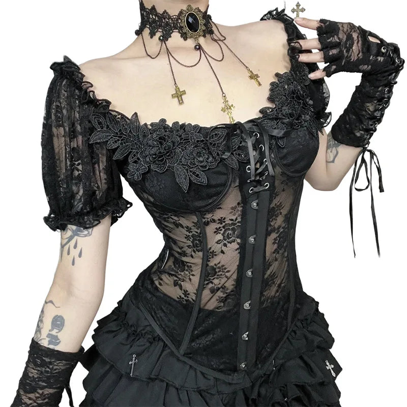 2025 New Vintage Gothic Style Corset Floral Lace Waist Tops Summer Blouses Femme Y2k Retro Black Sexy Vest Chest Pad Lace Shirt