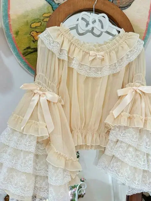 French Lolita Flare Sleeve Sweet Bow Shirt Parisian Aesthetic Slash Neck Lace Patchwork Blouse Women Loose Grunge Ruffled Blusas