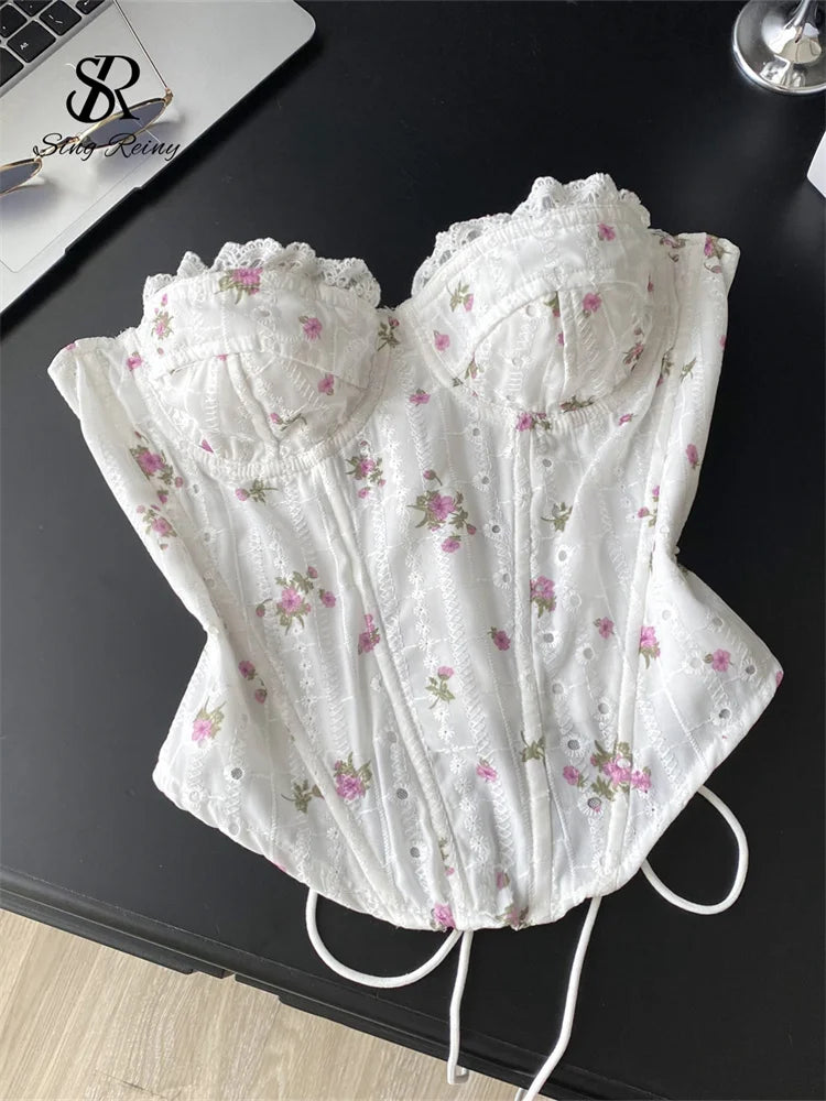 The Trianon Embroidered Corset | French Sweet Floral Lingerie Top | Hollow Out Backless Bandage Camisole | Parisian Princess
