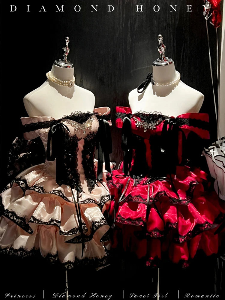 Princess Romantic Date Anniversary Wedding Party Pink Dress Girls Women's Sweet Lolita Halter Off-Shoulder Ball Gown Dresses