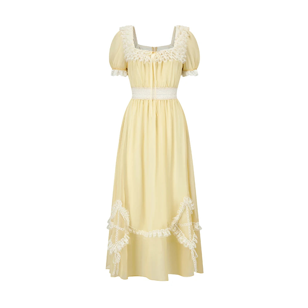 The Provence Lemon Lace Gown | Bubble Sleeve Countryside Midi | Waist-Cinching Princess Dress | Parisian Princess
