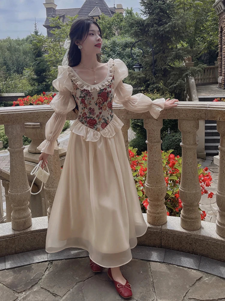 The Trianon Fairy Midi | Vintage Floral Puff Sleeve Prom Dress | Elegant Luxury Print Summer Gown | Parisian Princess