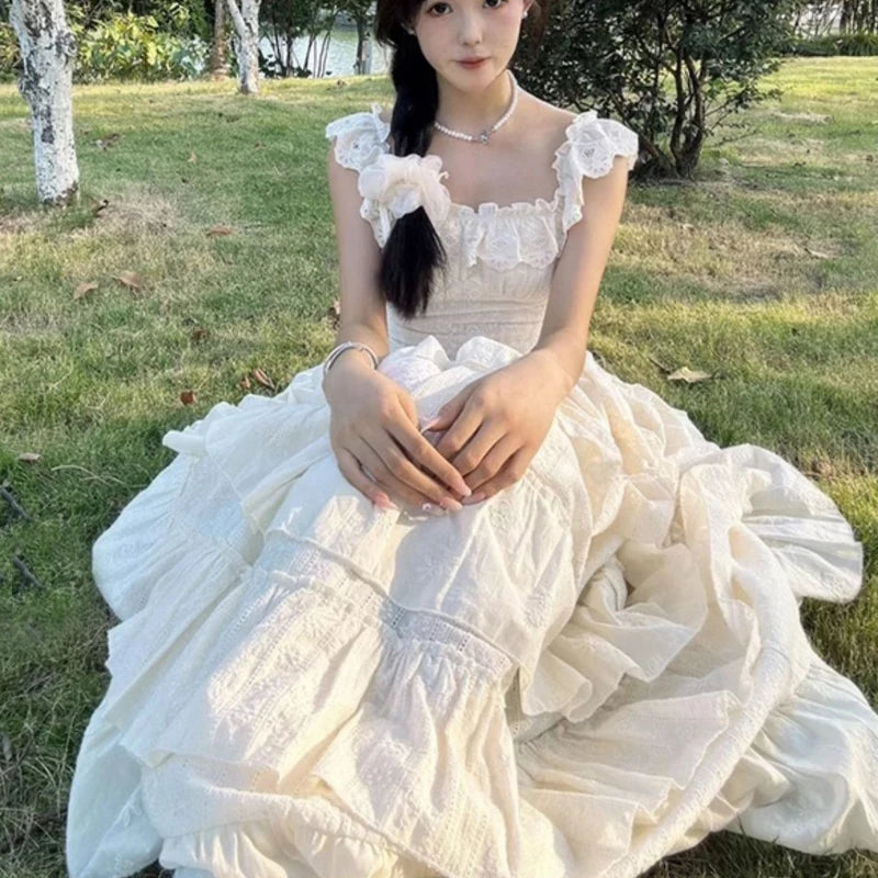 Vintage French Style Ruffles Square Collar Dress Women Summer Holiday Style Sleeveless Fairy Party Dress Fashion Female Clothes