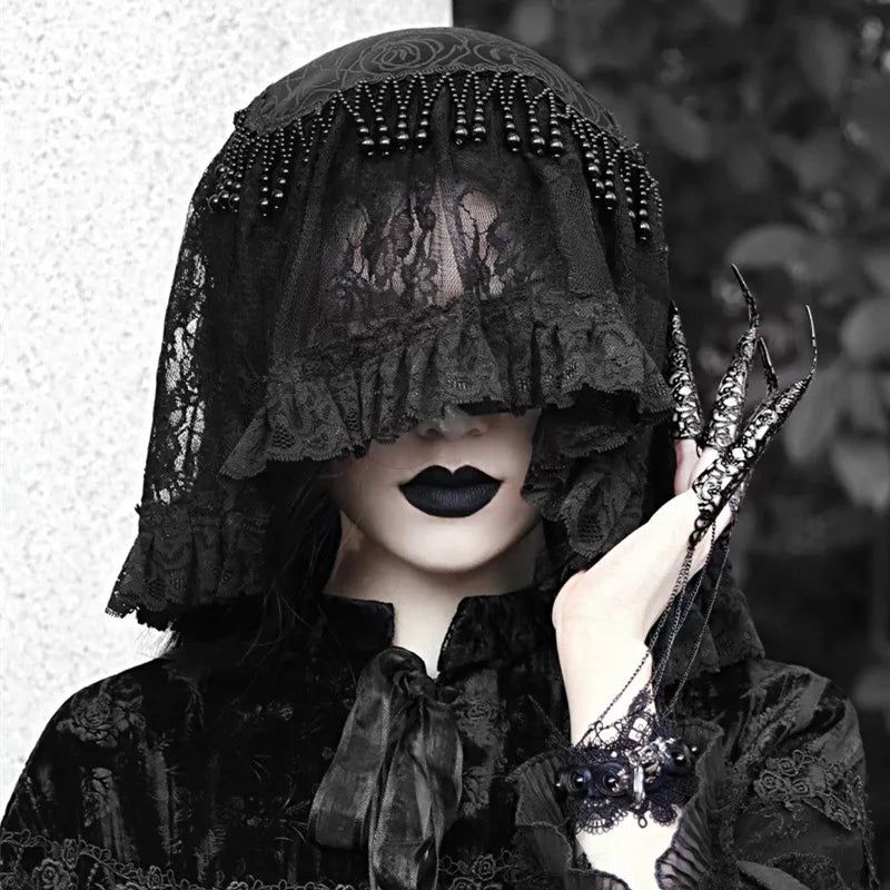 The Gothica Classical Noir Headdress | Heavy Lace Covering & Dark Veil Headband | Gothic Novelty Hairband | Parisian Princess