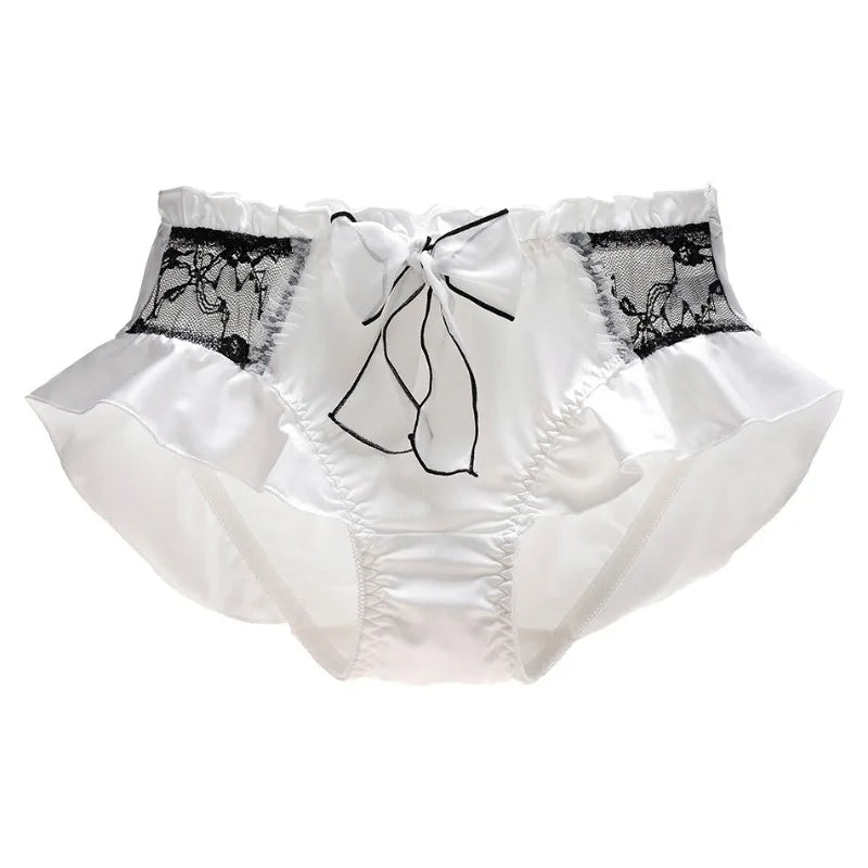 The Macaron Milk Silk Briefs | Lolita Lace Ruffle Panties | Sweet Bow Ribbon Intimates | Parisian Princess