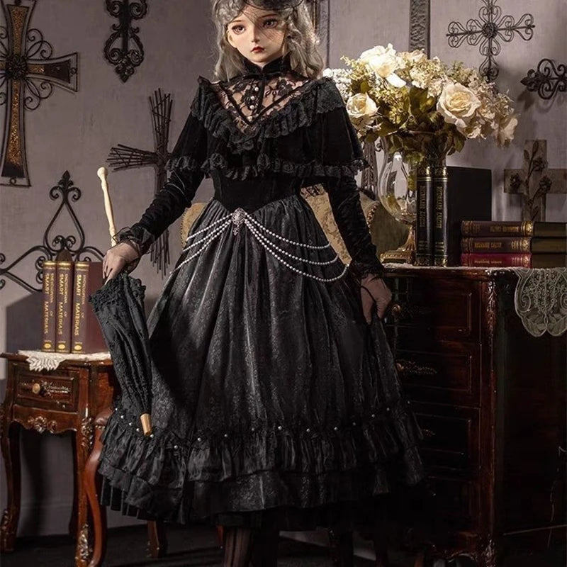 Lolita Vintage On The Run Princess Dress Court Style Lace Jacquard Slim Dress Cosplay Mesh Patchwork Harajuku Party Vestidos